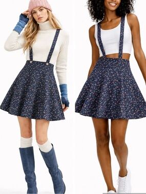 Dark Blue Floral Organic Cotton Pinafore Skirt, Adjustable Suspender Mini Dress